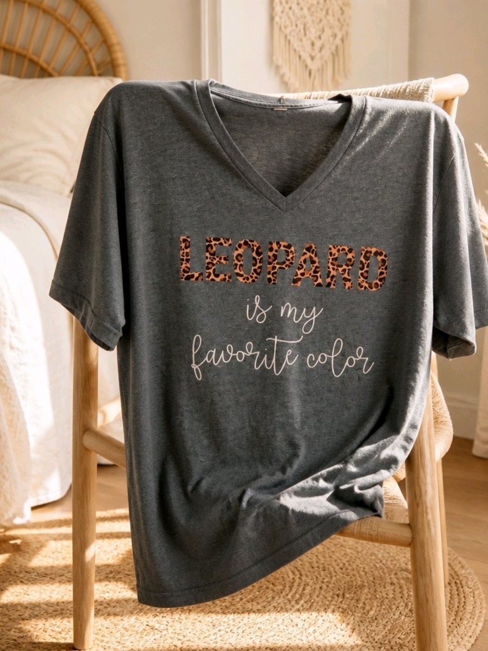Women's Gray V-Neck Tee with Leopard Print Graphic